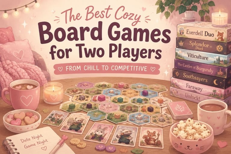 Cozy board games for two players including Everdell Duo and Viticulture on a table with candles and tea.