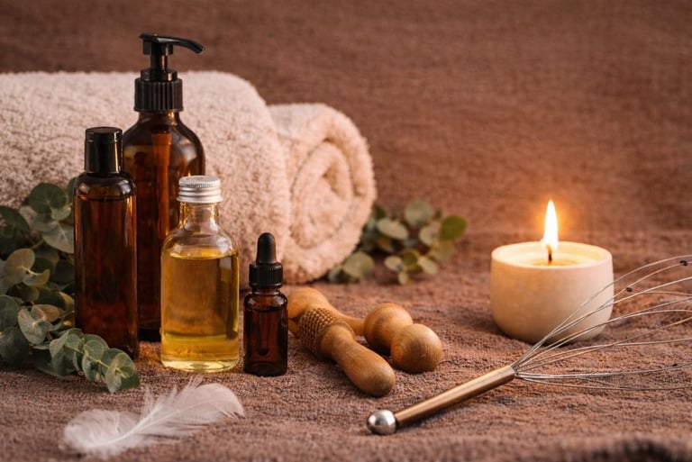 Massage night setup for couples with oils, candle, wooden massage tools and head massager.