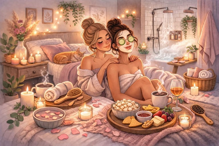Lesbian couple enjoying a cozy pamper night with lots of snacks, candles and self-care items.