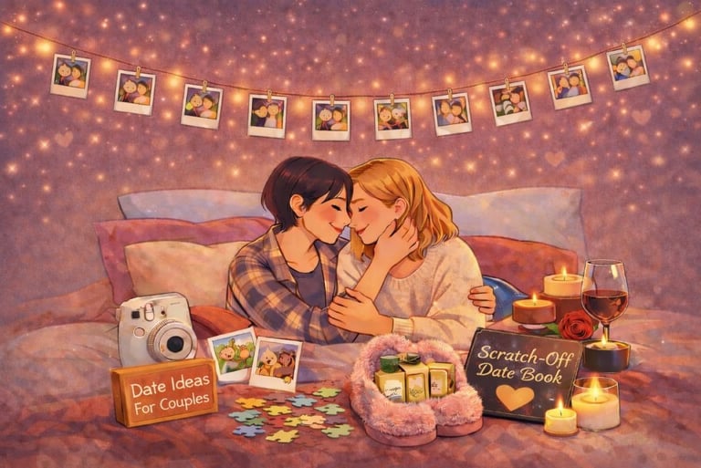 Cozy cartoon illustration of a lesbian couple surrounded by romantic gift ideas.