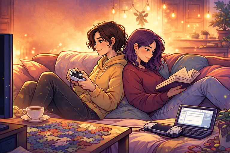 Sapphic couple sitting side by side on a sofa, one reading and one gaming in quiet intimacy.