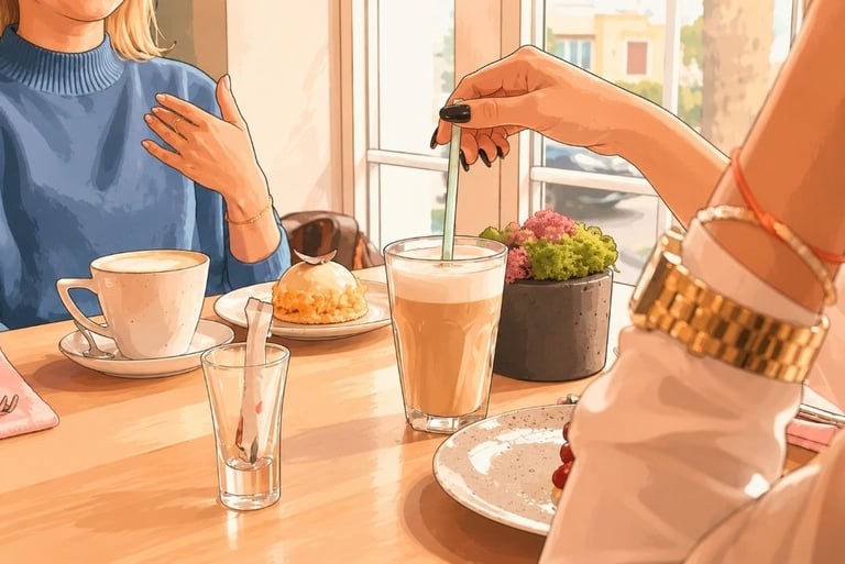Two women enjoying coffee and pastries at a sunny cafe table with lattes and a dessert.