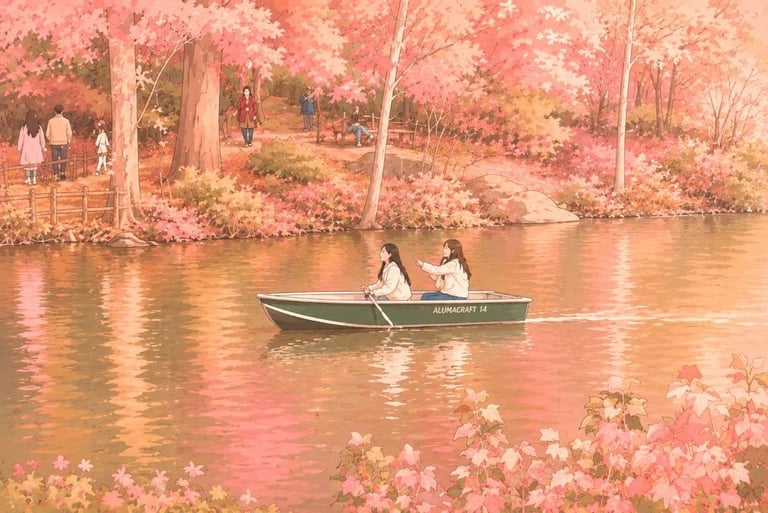 Soft illustration of two girls rowing a boat on a lake surrounded by pink cherry blossom trees.