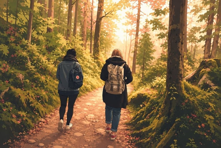 Two women with backpacks hiking on a sunlit forest trail during a scenic outdoor adventure.