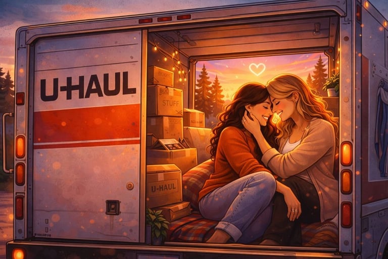 Cartoon-style illustration of an open U-Haul truck at sunset with two women sitting close together.