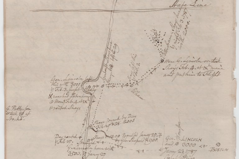 Ezra Stiles' sketch of hte movements of General Benjamin Lincoln's army in Jan and Feb 1787.