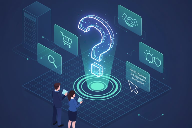a man and woman standing in front of a question mark