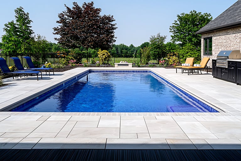 Luxury porcelain paver pool deck installation at a Sarasota home with modern limestone-style design