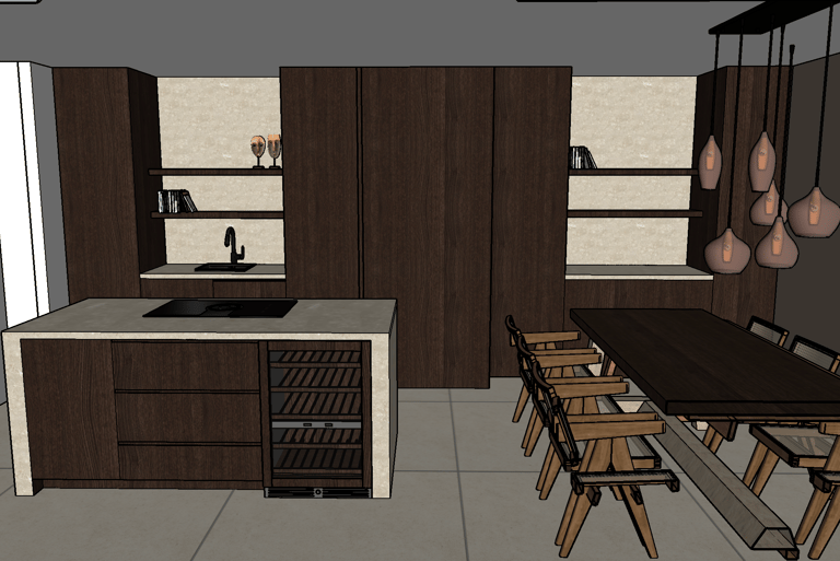 kitchen design, 3D visualization, Interior design, a kitchen with a table, chairs