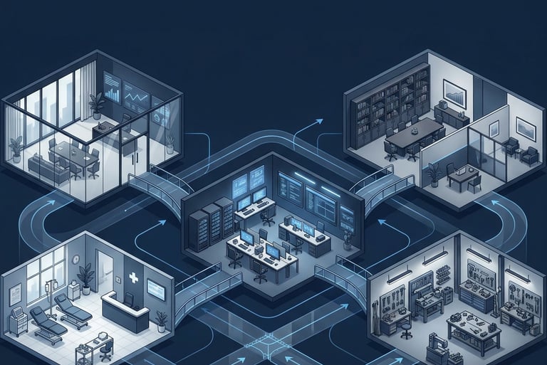 Isometric illustration of a scalable business infrastructure representing founder-led companies The 3 Pillars helps to structure and grow