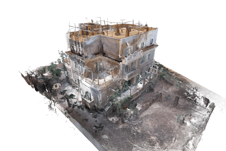 Detailed 3D point cloud scan of a multi-story building and surrounding yard using LiDAR technology.