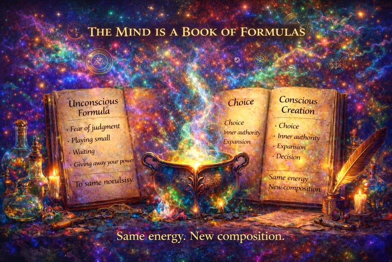 Magical open book and glowing cauldron illustrating conscious creation and unconscious formula concepts.