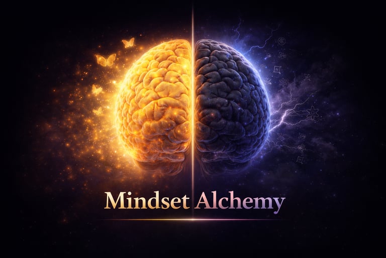 Human brain split into glowing creative and logical halves with Mindset Alchemy text.