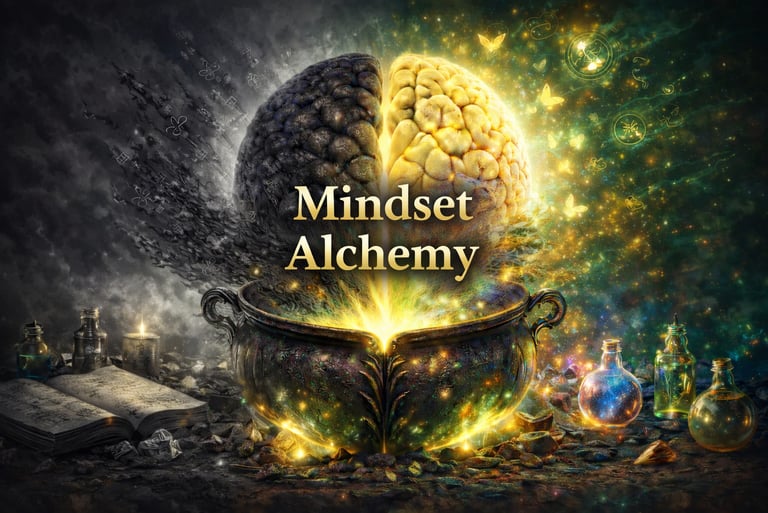 A human brain transforming from dark to glowing gold above a magical alchemy cauldron for mindset shift.