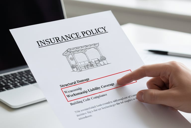 Close-up shot of a document labeled "Insurance Policy" next to a blueprint for a pergola, representing proper safety planning