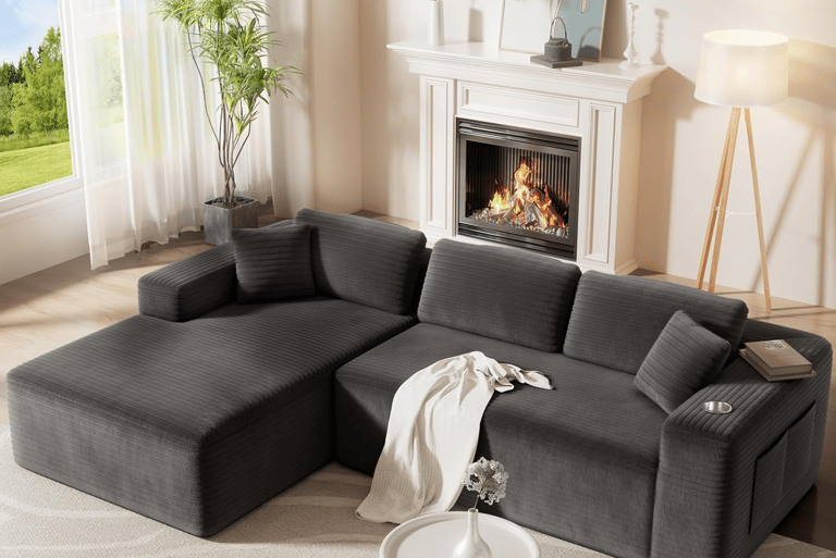 “Modern modular cloud sectional couch with extra deep seat and storage pockets, all-in-one box shipp