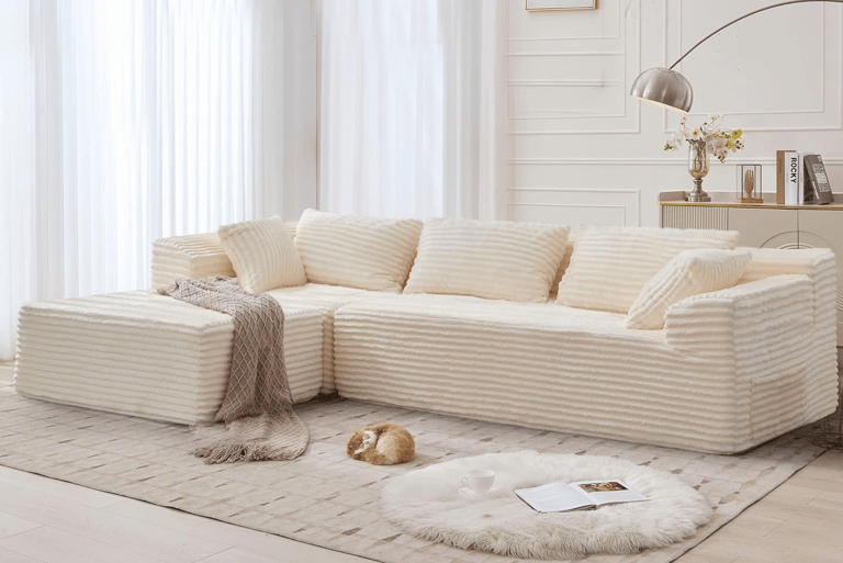 “Soft corduroy modular sectional sofa with deep seats and adjustable L-shape chaise for cozy living 