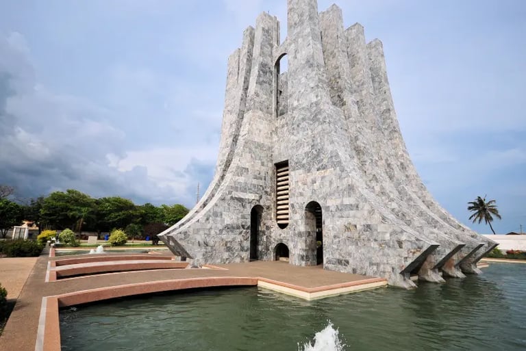 The Kwame Nkrumah Mausoleum and Memorial Park in Accra, Ghana, with marble architecture and water fountains.