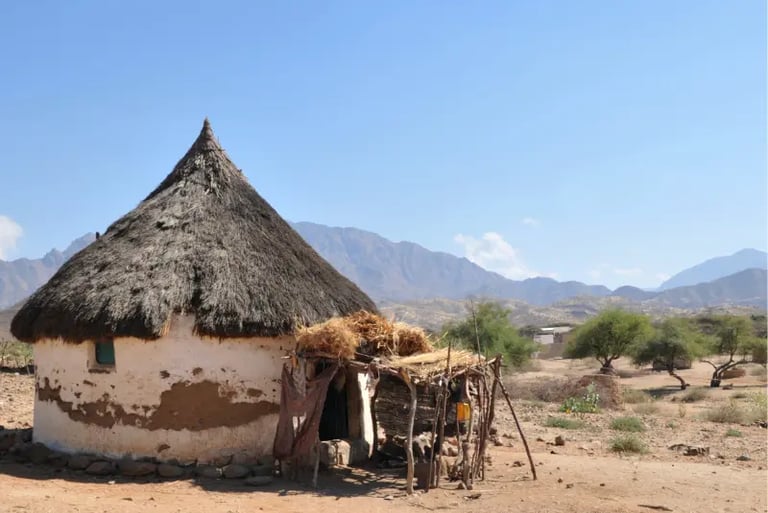 Traditional African round mud hut with a thatched roof in a dry mountain landscape.
