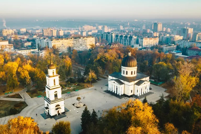 Aerial view of the Nativity Cathedral and bell tower in Chisinau, Moldova during autumn sunset.
