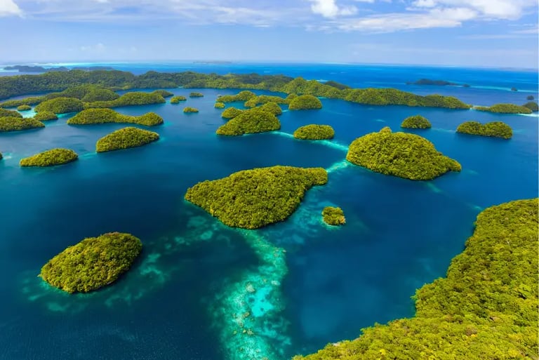 Aerial view of the Rock Islands in Palau featuring lush green limestone islands and turquoise coral reefs.