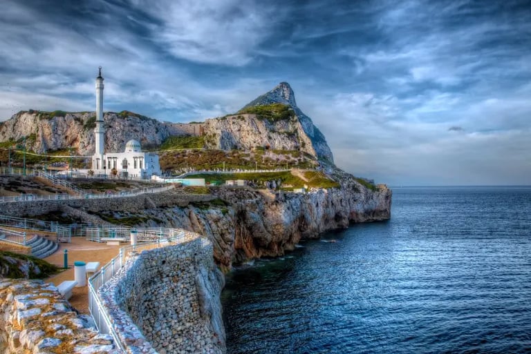 The Ibrahim-al-Ibrahim Mosque at Europa Point overlooking the cliffs of Gibraltar.