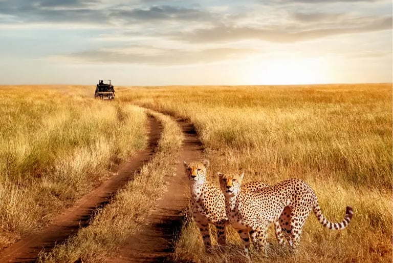 Two wild cheetahs standing on a dirt road during an African savanna safari at sunset.