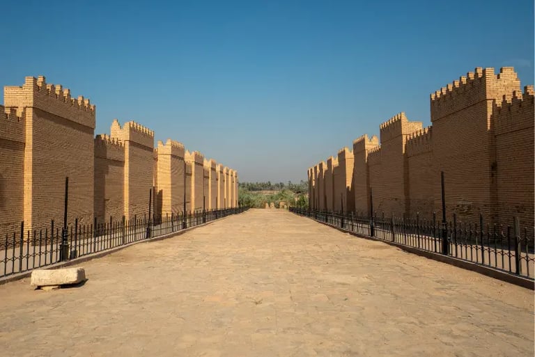 Reconstructed Processional Way of ancient Babylon featuring crenelated brick walls and stone pavement in Iraq.