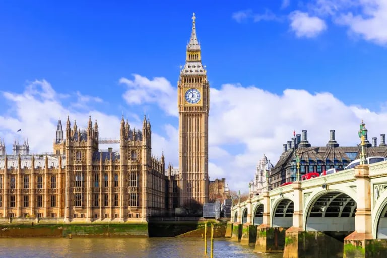 The Big Ben clock tower and Houses of Parliament by the River Thames in London.