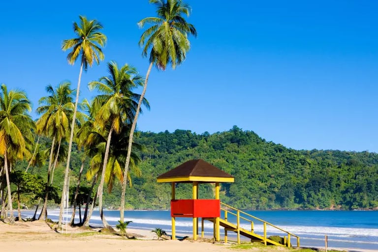 Tropical beach with a red and yellow lifeguard tower, tall palm trees, and lush green hills.