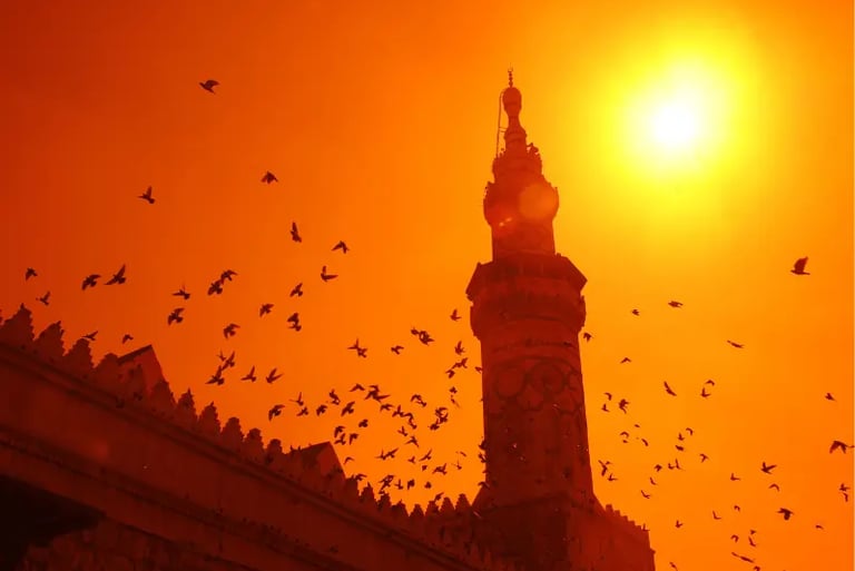 Silhouette of a mosque minaret and a flock of birds flying during a bright orange sunset.