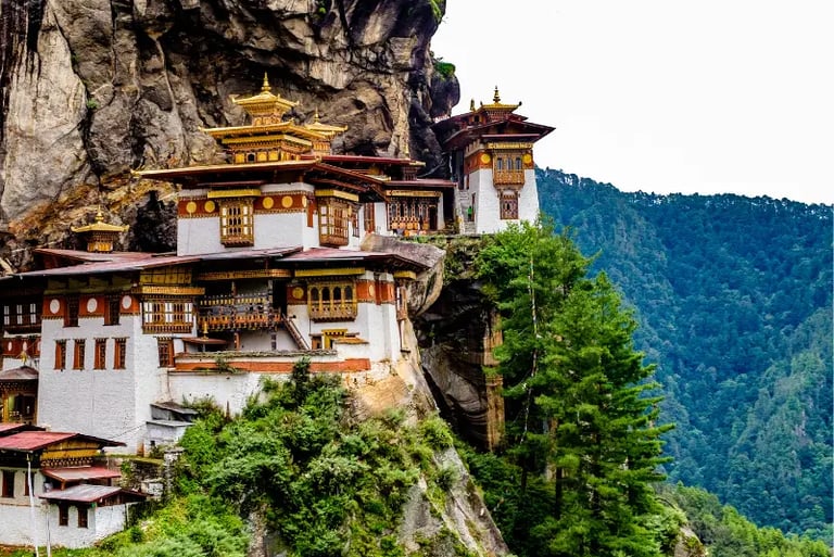 Tiger's Nest Monastery, Paro Taktsang, perched on a cliffside in the Himalayas of Bhutan.