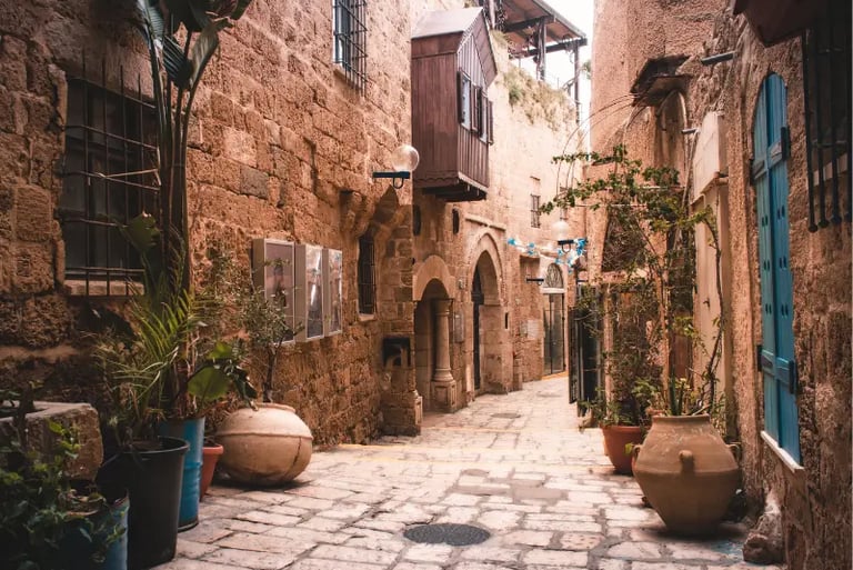 Narrow cobblestone alleyway in Old Jaffa with historic stone buildings and potted plants.
