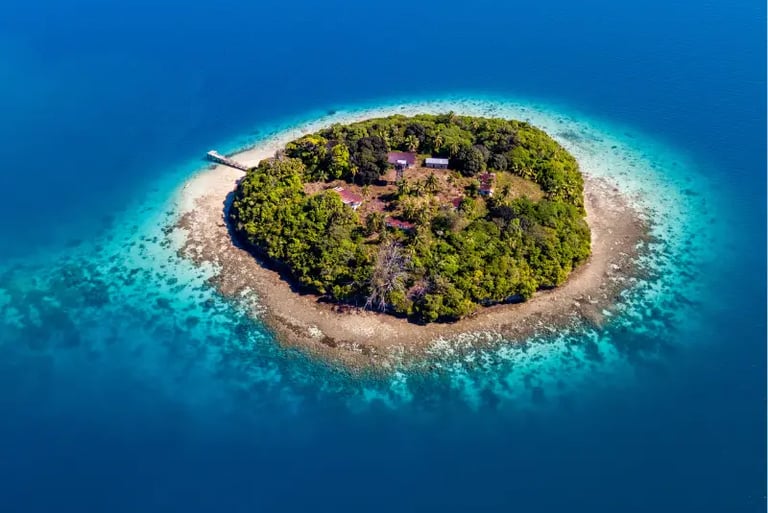 Aerial view of a tropical private island resort with lush greenery and white sand beach in blue ocean.