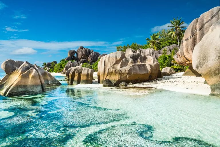 Pristine tropical beach with granite boulders, turquoise water, and palm trees in the Seychelles.