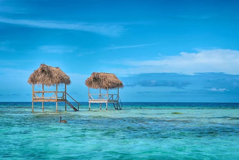 Two tropical thatch-roof huts standing in turquoise Caribbean waters under a bright blue sky.
