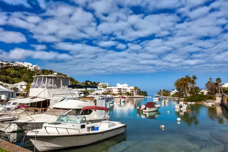 Luxury yachts and motorboats docked in a tropical harbor under a bright blue sky with white clouds.