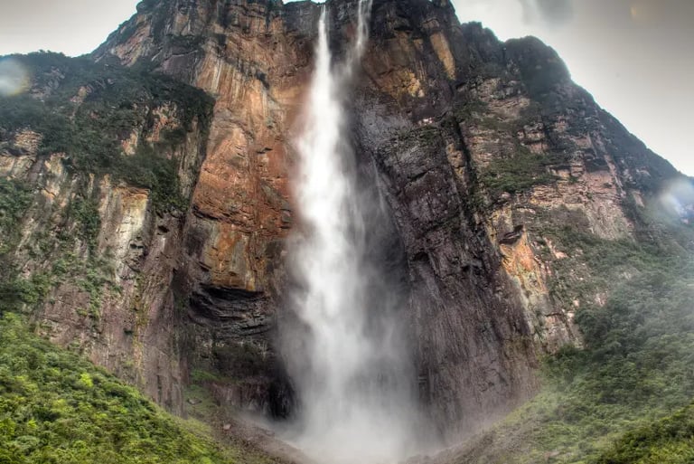 Majestic Angel Falls in Venezuela, the world's tallest uninterrupted waterfall, flowing down Auyán-tepui mountain.