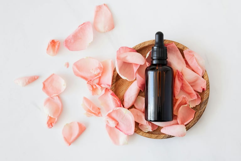 a bottle of essential oils on a wooden bowl