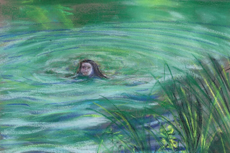 girl swimming in green water and grasses on the banks. drawn with pastels