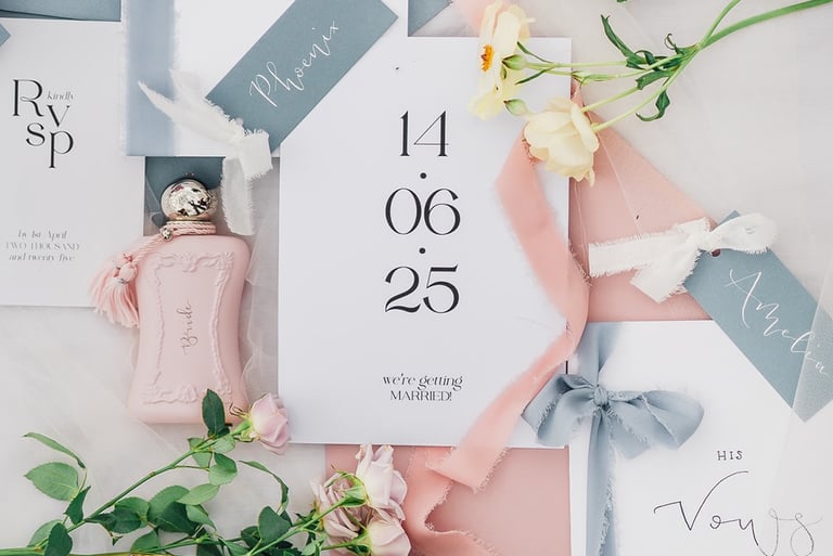 Wedding flat lay photo with stationery, blue ribbon, and pastel coloured flowers