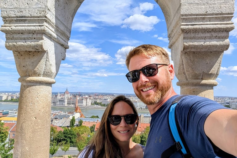 Don and Samantha in front a panoramic view from Fisherman's Bastion in Budapest, Hungary