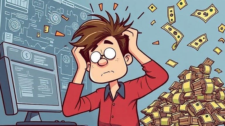 A cartoon showing someone pulling their hair out while looking at complex software, or piles of mone
