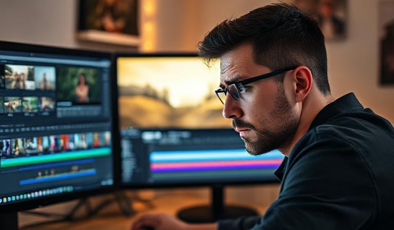 A person looking frustrated at a computer screen with complex video editing software