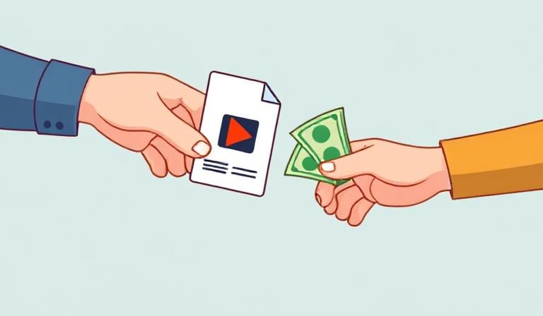 Cartoon of someone handing a video file to another person, with money changing hands