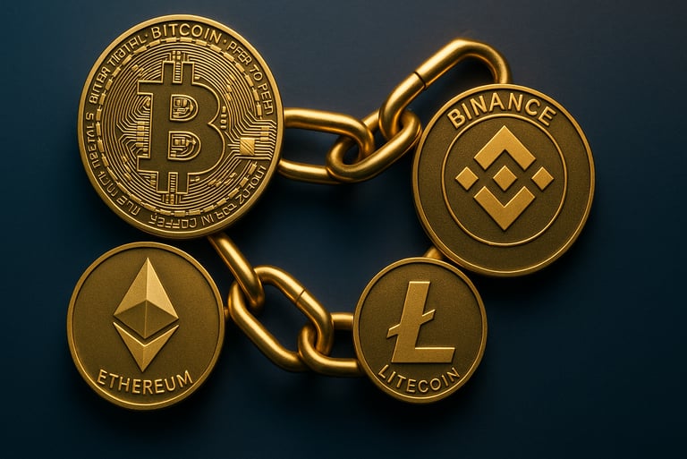 Graphic of cryptocurrency coins connecting