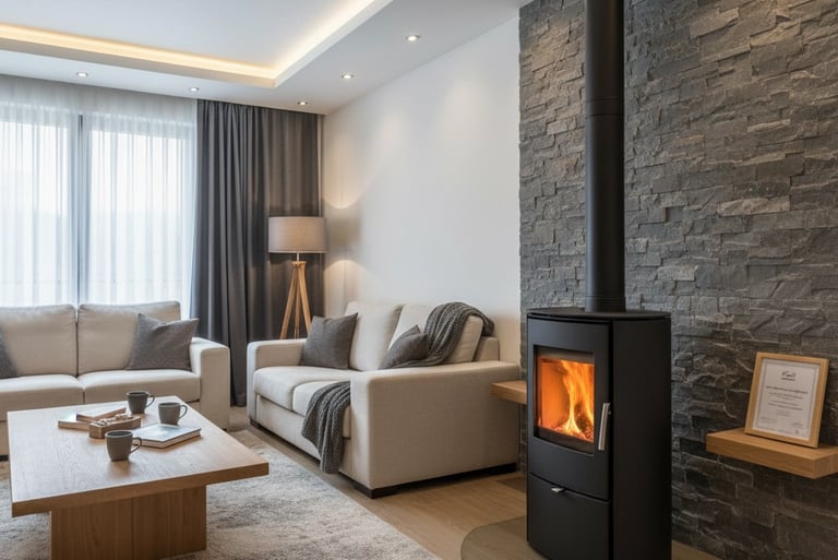 poêle à bois contemporain noir et conduit sécurisé DTU 24.1 Orléans