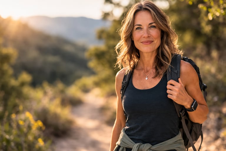 smiling hiking woman in midlife