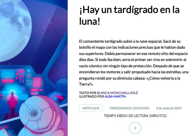 Cover of the article entitles "¡Hay un tardígrado en la luna", written by Blanca Moncunill-Solé