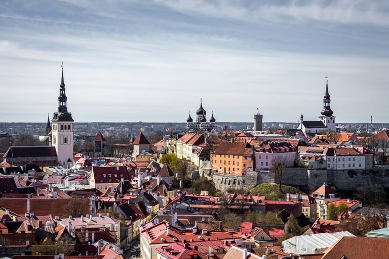Tallinn Old Town skyline with medieval buildings and church towers in Estonia